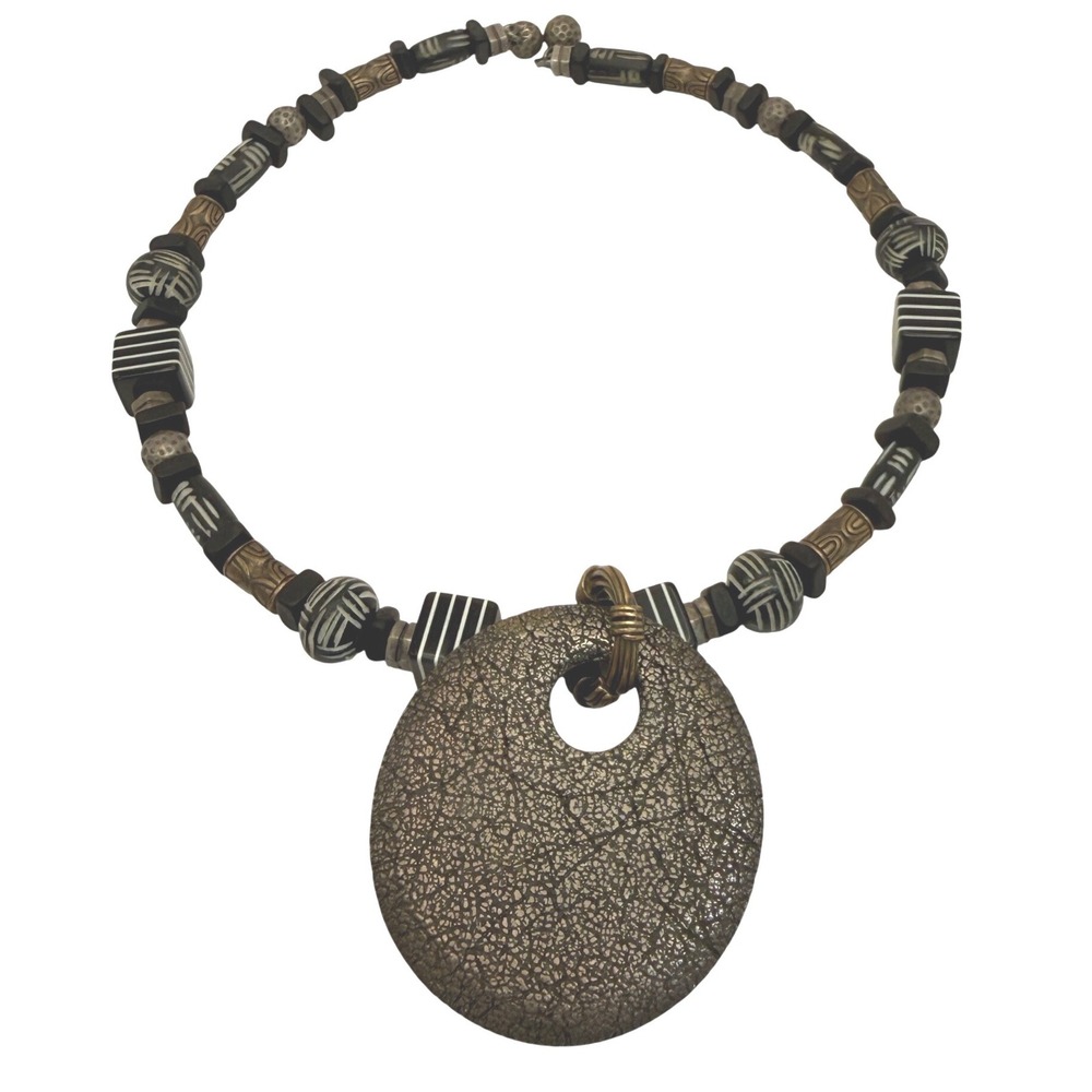 Vintage Collar Necklace Metal Pendant Resin Beads‎ Tribal Boho Statement